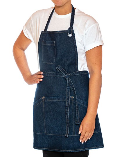 LF116 Le Chef Utility Apron Bib Washed Denim